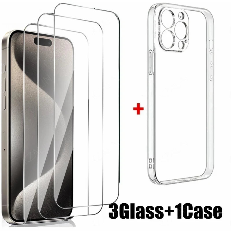 3PCS HD Tempered Glass+1PC Phone Case Combination For iPhone 15 Pro Max 13 14 11 15 Pro Screen Protector Transparent Shell