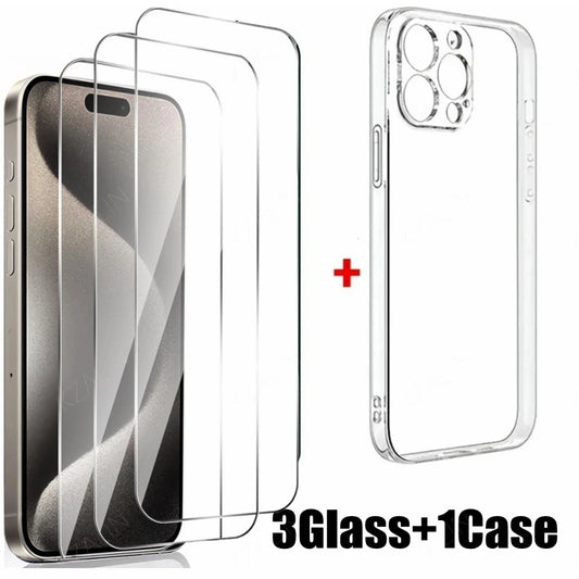 3PCS HD Tempered Glass+1PC Phone Case Combination For iPhone 15 Pro Max 13 14 11 15 Pro Screen Protector Transparent Shell